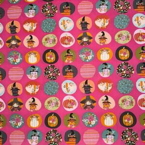Kitty Loves Candy by Poppie Cotton - Pink Halloween Cat Witch Pumpkin - 1 Yard
